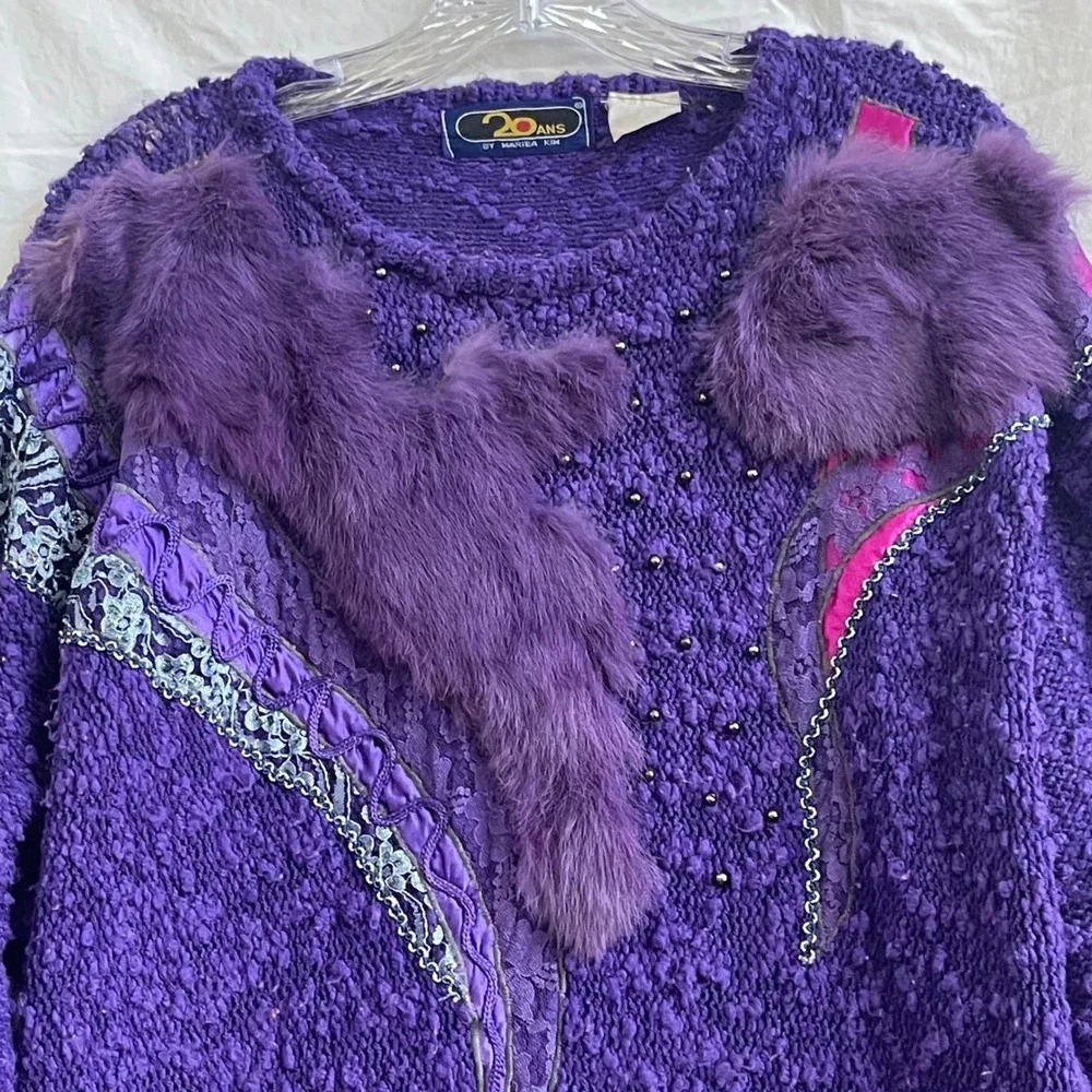 20 Ans Purple Art‎ to Wear Sweater M/L Faux Fur Sequin Beaded Knit Statement Top